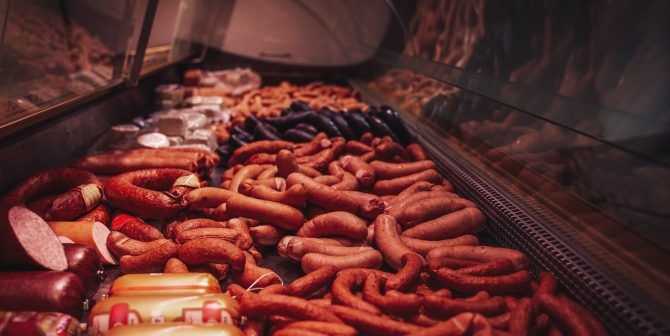 Many types of sausages in the butcher shop