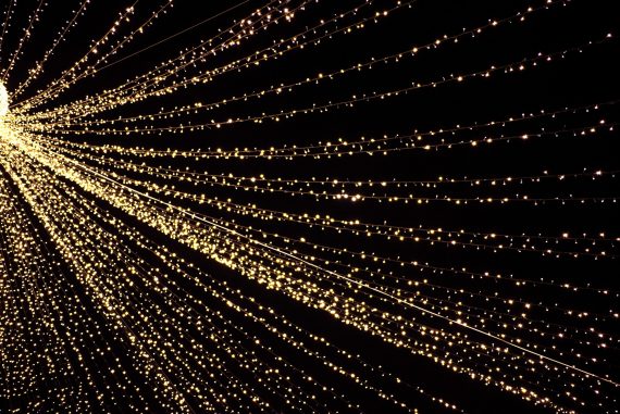 Small led lights hanging in a row, light background Small led lights hanging in a row, light background